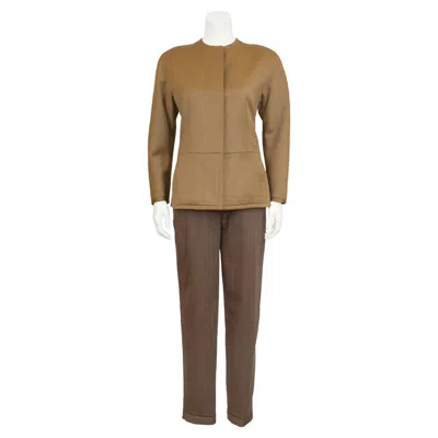 Pre-owned Giorgio Armani 1980s Armani Brown Collarless Jacket And Chevron Wool Pants Set