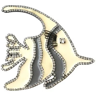 Pre-owned Giorgio Armani 1980s  Grey And Creme Large Fish Brooch Pin With Rhinestones In Gray