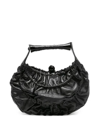 Pre-owned Giorgio Armani 2000 Ruched Leather Tote Bag In Black