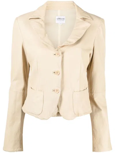 Pre-owned Giorgio Armani 2000s Notched Lapels Leather Jacket In Neutrals