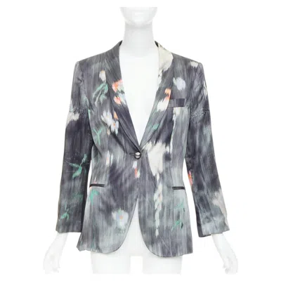 Pre-owned Giorgio Armani 2008 Grey Multicolor Silk Watercolor Abstract Blazer It46 Xl In Gray