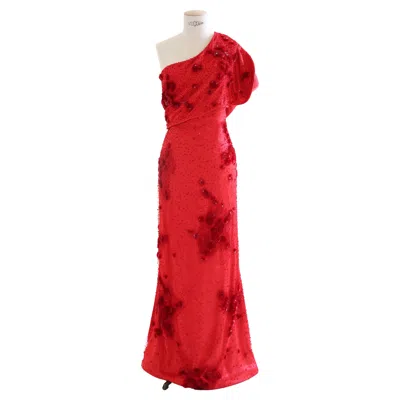 Pre-owned Giorgio Armani 2010 Red One Shoulder Embellished Floral Silk Dress Gown It 46