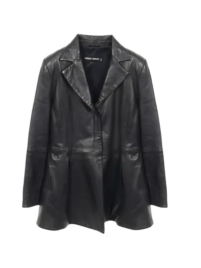 Pre-owned Giorgio Armani 2010s Peplum Leather Blazer In Blue