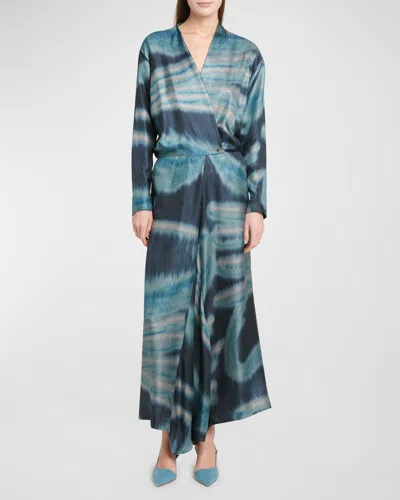 Giorgio Armani Abstract-print Silk Long-sleeve Maxi Wrap Dress In Blue