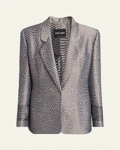 Giorgio Armani Animalier Silk Jacquard Single-breasted Blazer Jacket In Charcoal