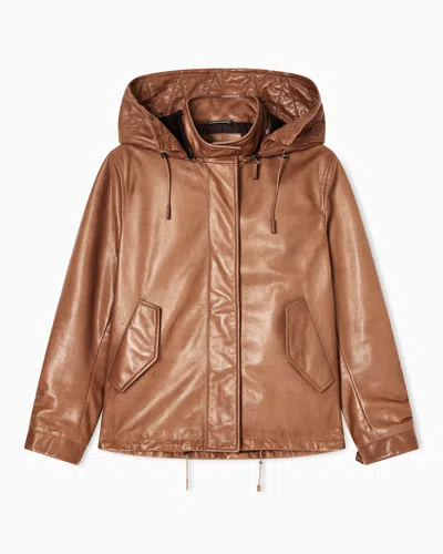 Giorgio Armani Asv Hooded, Nappa-leather Blouson In Brown