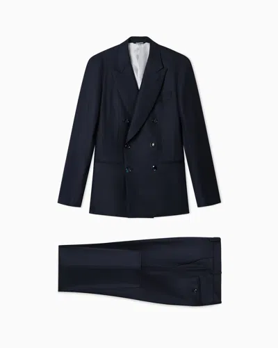 Giorgio Armani Asv Napoli Line Double-breasted Pinstriped Suit In Chevron Virgin Wool In Blue