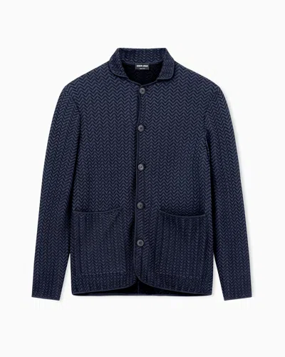 Giorgio Armani Asv Viscose-blend Chevron Ottoman Single-breasted Jacket In Blue