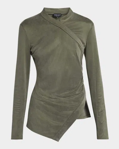 Giorgio Armani Asymmetric Jersey Long-sleeve Top In Dark Green