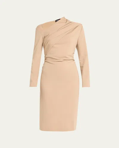 Giorgio Armani Asymmetric Long-sleeve Jersey Dress In Solid Medium Beige