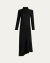 Giorgio Armani Asymmetric Tonal Striped Jersey Mock-neck Midi Dress In Black