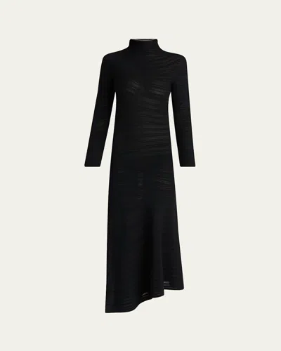 Giorgio Armani Asymmetric Tonal Striped Jersey Mock-neck Midi Dress In Black