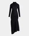 Giorgio Armani Asymmetric Tonal Striped Jersey Mock-neck Midi Dress In Black