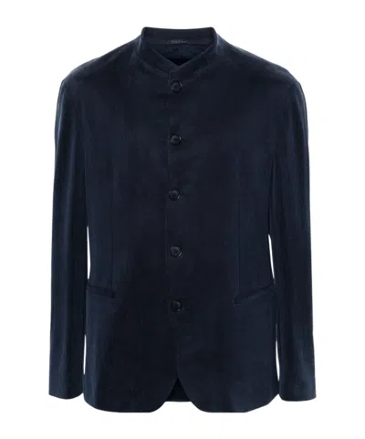 Giorgio Armani Band-collar Buttoned Jacket In Blue