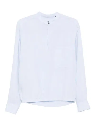 Giorgio Armani Band-collar Linen Shirt In Blue