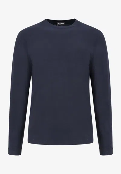 Giorgio Armani Round Collar Long-sleeved Stretch Jersey Sweater In Blue