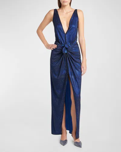 Giorgio Armani Beaded Embroidered Silk Gown With Knot Detail In Blue
