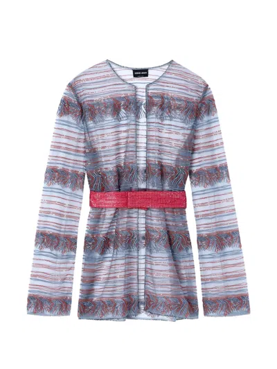 Giorgio Armani Bead-embellished Fringed Cardigan In Blue