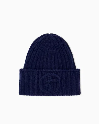 Giorgio Armani Beanie Hat In Ribbed Camel Wool In Blue