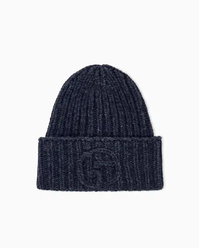 Giorgio Armani Beanie Hat In Ribbed Camel Wool In Gray