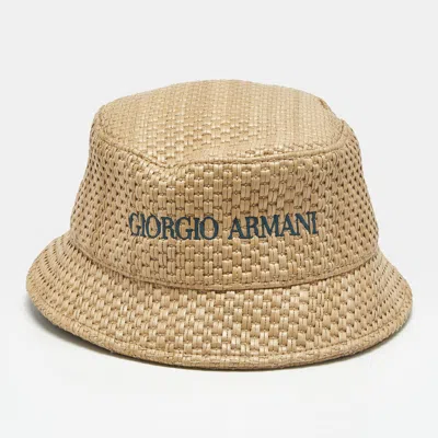 Pre-owned Giorgio Armani Beige Logo Embroidered Raffia Bucket Hat Size 56 In Sand