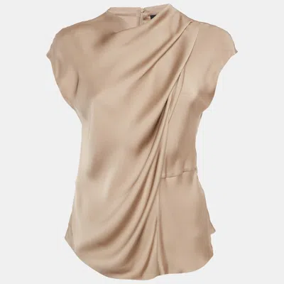 Pre-owned Giorgio Armani Beige Satin Cowl Neck Cap Sleeve Top M In Sand