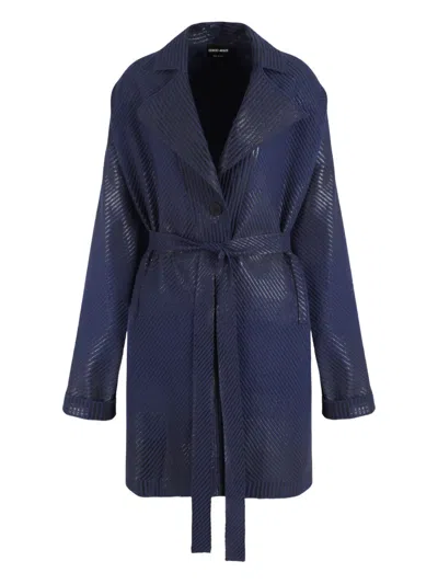 Giorgio Armani Belted Coat In Blue