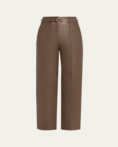 Giorgio Armani Belted Nappa Lambskin Straight-leg Pants In Brown
