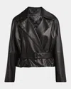 Giorgio Armani Belted Short Leather Moto Jacket In Solid Black
