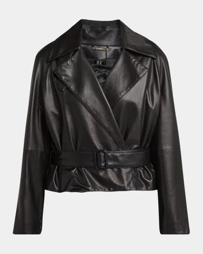 Giorgio Armani Belted Short Leather Moto Jacket In Solid Black