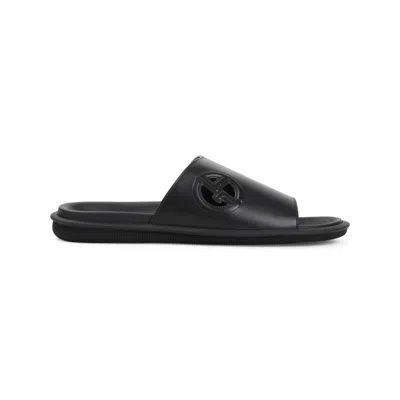 GIORGIO ARMANI GIORGIO ARMANI BLACK BOVINE LEATHER SLIDE SANDALS