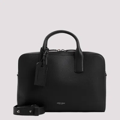 Giorgio Armani Black Briefcase Grained Calf Leather Bag