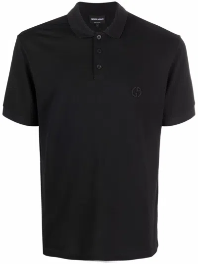 Giorgio Armani Black Cotton-blend Polo Shirt With Classic Collar