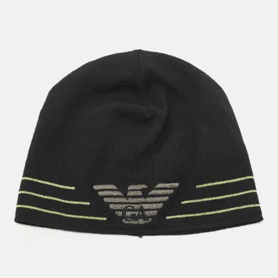 Pre-owned Giorgio Armani Black Logo Embroidered Wool Beanie S
