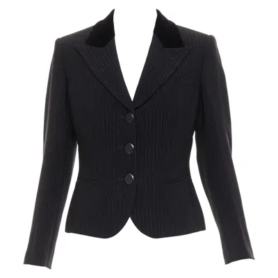 Pre-owned Giorgio Armani Black Pinstripe Velvet Trim Cropped Tuxedo Blazer It40 S