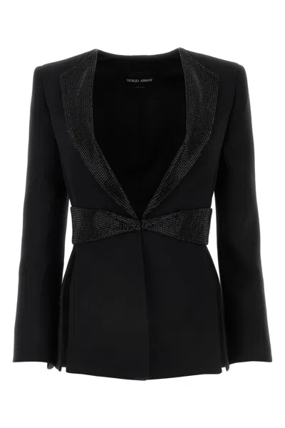 Giorgio Armani Luxe Silk Blazer Embellished Waistband In Black