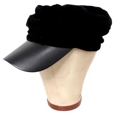 Pre-owned Giorgio Armani Black Velvet Gathered Leather Brim Hat Circa Y2k