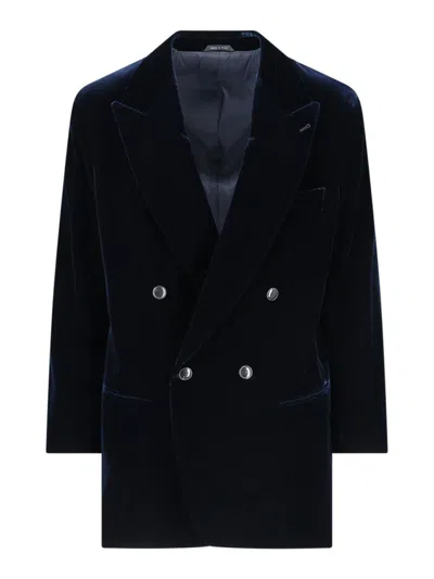 Giorgio Armani Double-breasted Velvet Blazer In Blue