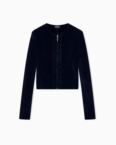 Giorgio Armani Blazer Jackets Slim Fit Chenille Crew Neck Metal Zip In Blue