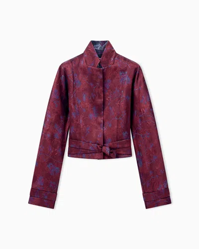 Giorgio Armani Blazer Slim-fit Cropped In Lurex Jacquard With Floral Motif In Burgundy