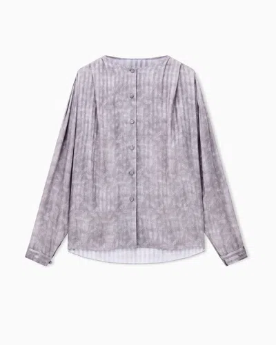 Giorgio Armani Blouse Collarless Printed Silk Shoulder Pleats Wide Stripes In Gray