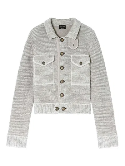 Giorgio Armani Textured Cropped Knit Blouson With Metallic Accents In Gray