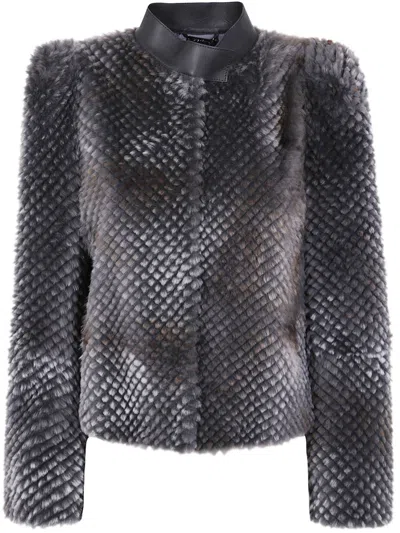 Giorgio Armani Textured Faux Fur Long Sleeve Jacket In Gray