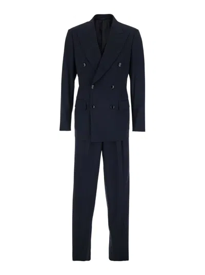Giorgio Armani Blue Double-breasted Suit With Peak Lapels In Wool Man