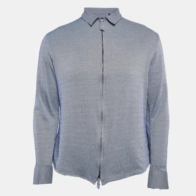 Pre-owned Giorgio Armani Blue Patterned Cotton Blend Knit Zip-up Shirt M