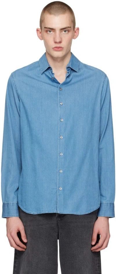 Giorgio Armani Blue Spread Collar Denim Shirt In Bleach Denim