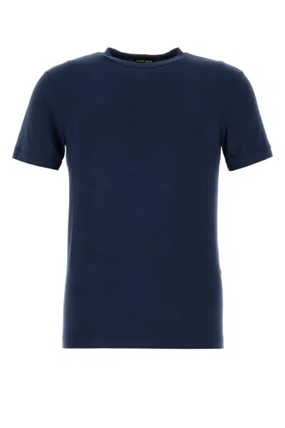 Giorgio Armani Logo-embroidered T-shirt In Blue