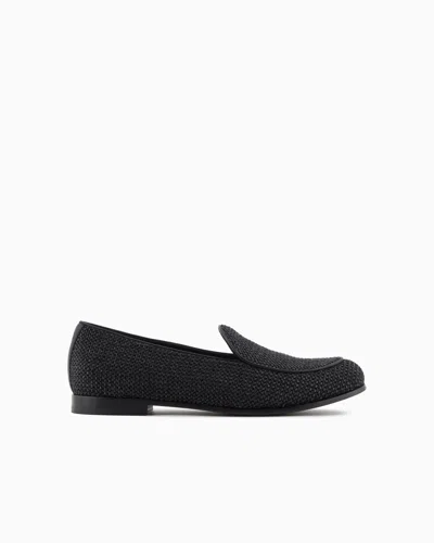Giorgio Armani Braided Raffia Loafers In Black