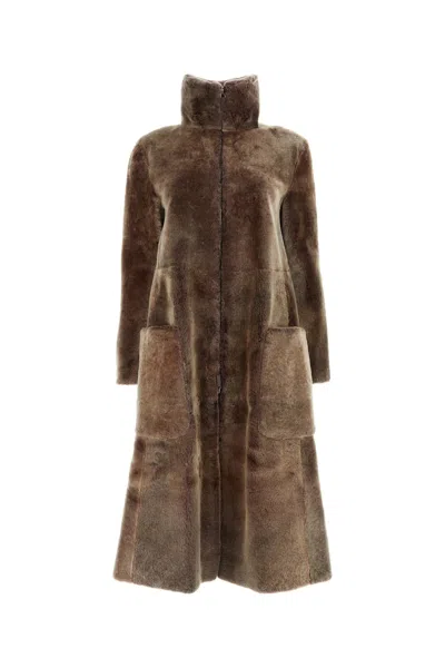Giorgio Armani Flared Hemline Funnel Neck Long Length Coat In Brown