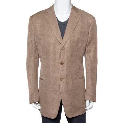 Pre-owned Giorgio Armani Brown Micro Check Patterned Linen Button Front Blazer 5xl